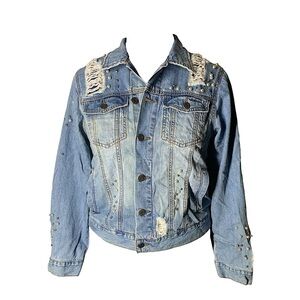 machine pour trucker jean jacket denim with beads pearls distressed denim